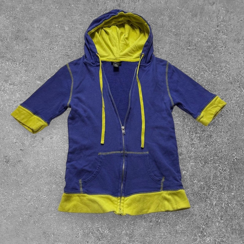 Rue 21 Womens Blue Lime Green Short Sleeve Zip Up Hoodie Y2K Size M